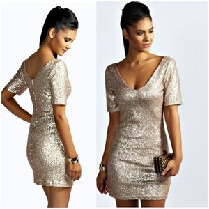 Boohoo Night Gold Sequin Short Sleeve Bodycon Dress Size 6 Cocktail Baddie Dress